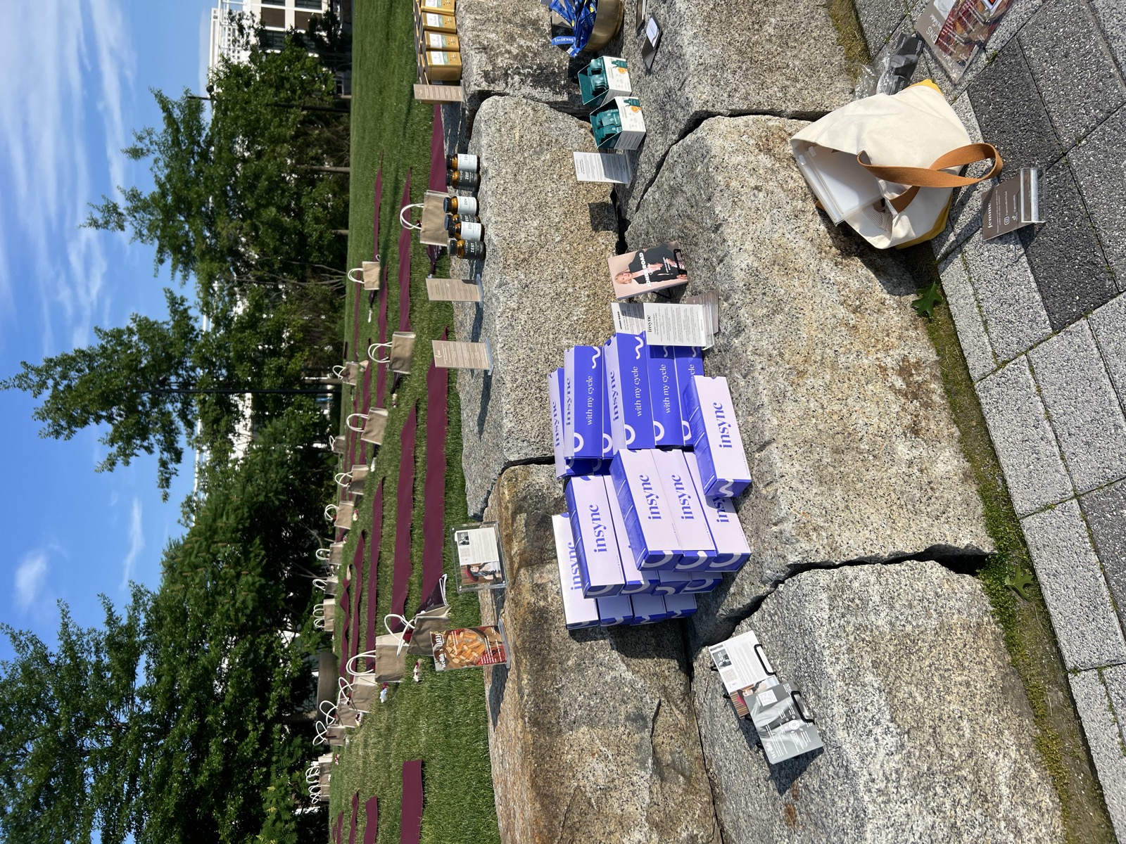 Gen-well products and resources displayed on the stone seating beside the prepared Summer Gently lawn