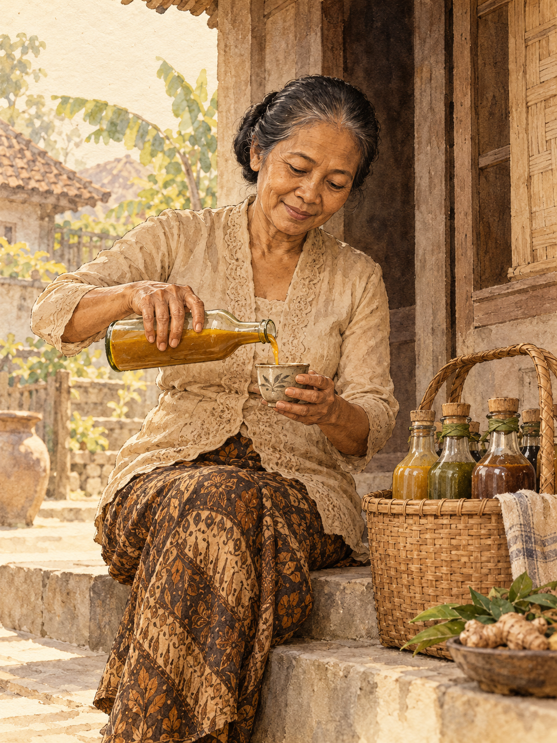 AI illustration of a mbok jamu pouring an herbal drink