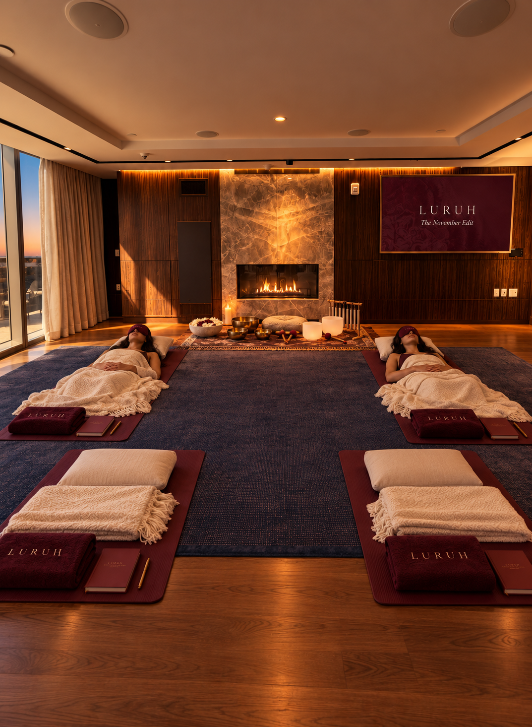 AI styling preview of the cleared Sky Lounge with burgundy mats and sound instruments