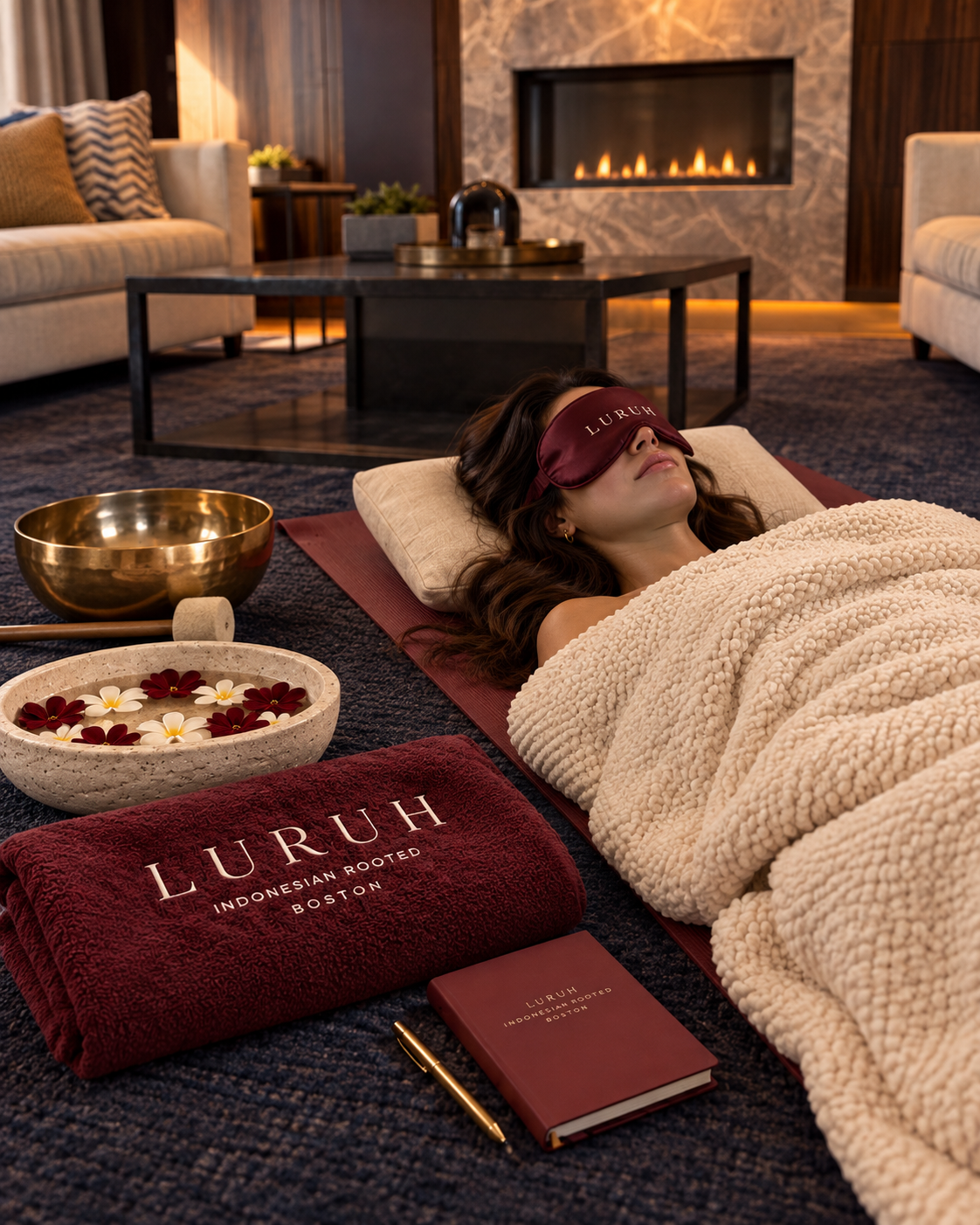 AI concept of a sound-bath setting with a burgundy LURUH mat, towel, journal and flower bowl